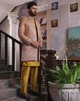Multi Colored Mirror Work Prince Coat With Matching Raw Silk Suit - prince coat for men