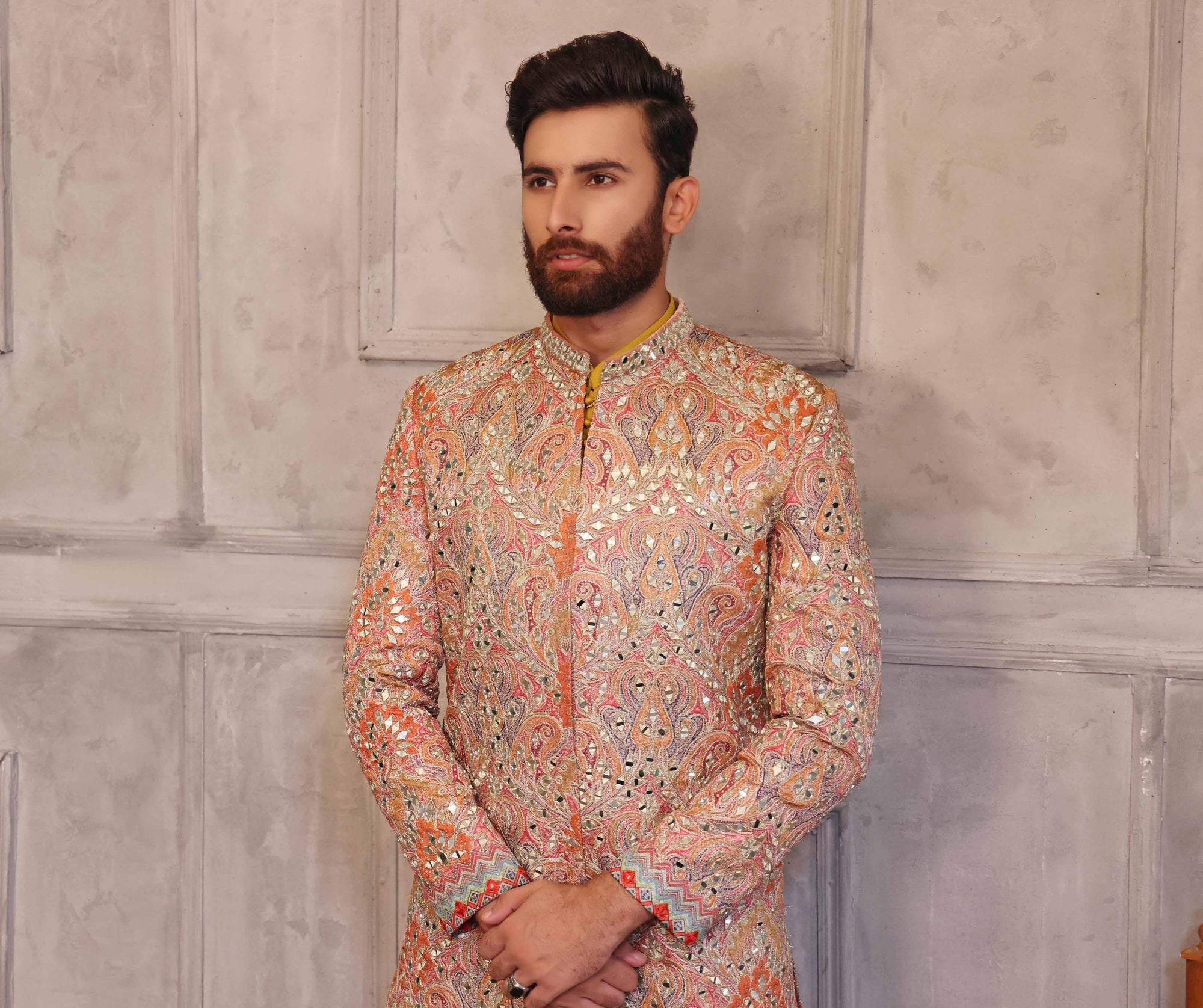 Multi Colored Mirror Work Prince Coat With Matching Raw Silk Suit - prince coat for men