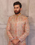 Multi Colored Mirror Work Prince Coat With Matching Raw Silk Suit - prince coat for men