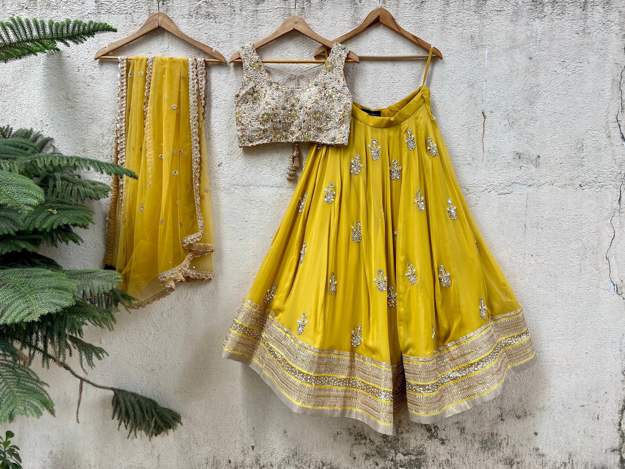 Mustard and Beige Mirror Cutwork Lehenga Set - mirror work lehenga