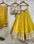 Mustard and Beige Mirror Cutwork Lehenga Set - mirror work lehenga