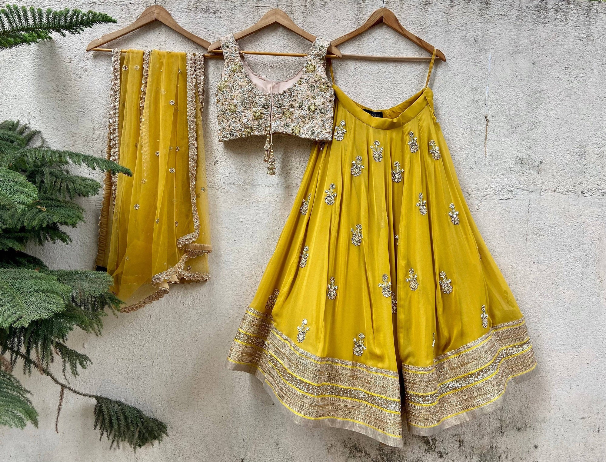 Mustard and Beige Mirror Cutwork Lehenga Set - mirror work lehenga