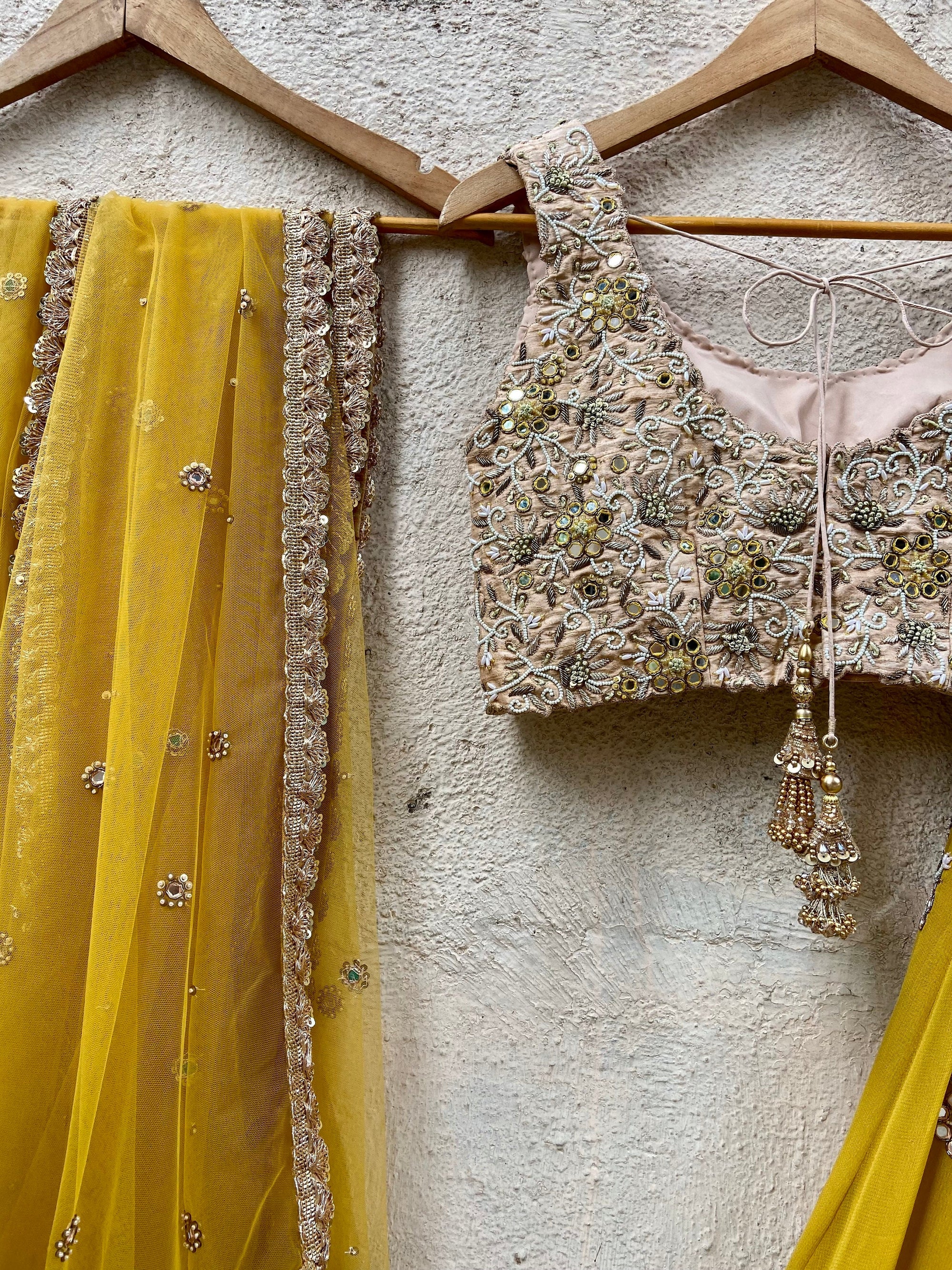 Mustard and Beige Mirror Cutwork Lehenga Set - mirror work lehenga