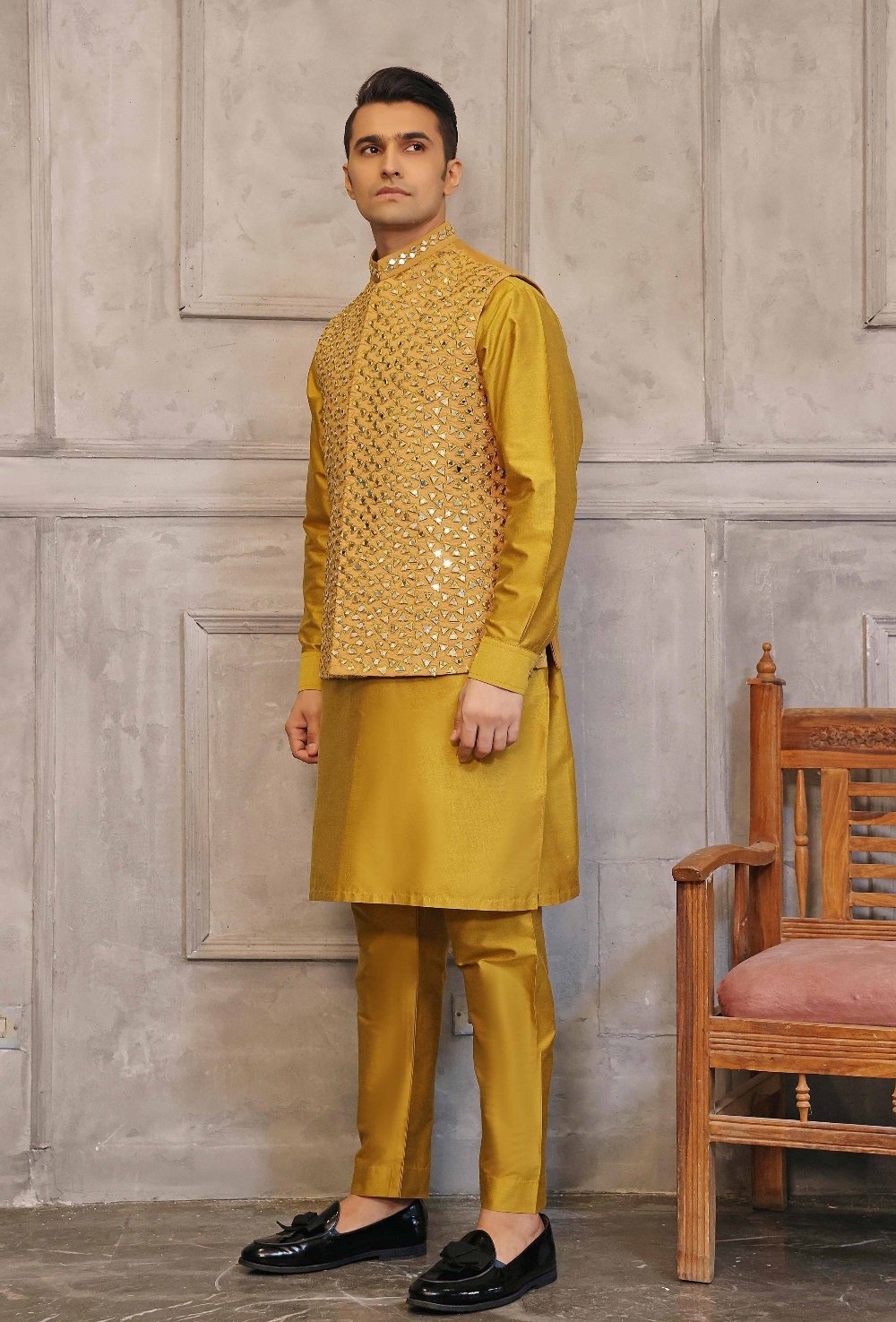 Mustard Mirror Work Waistcoat With Matching Raw Silk Suit - wasitcoat for men
