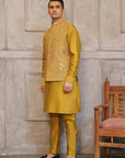 Mustard Mirror Work Waistcoat With Matching Raw Silk Suit - wasitcoat for men