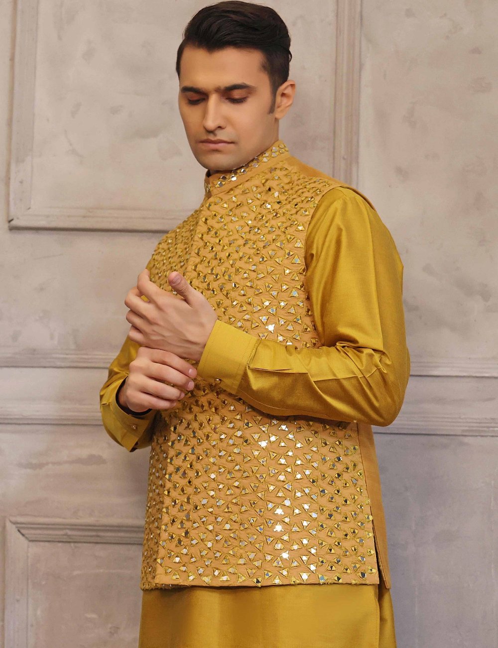 Mustard Mirror Work Waistcoat With Matching Raw Silk Suit - wasitcoat for men