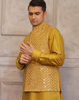 Mustard Mirror Work Waistcoat With Matching Raw Silk Suit - wasitcoat for men