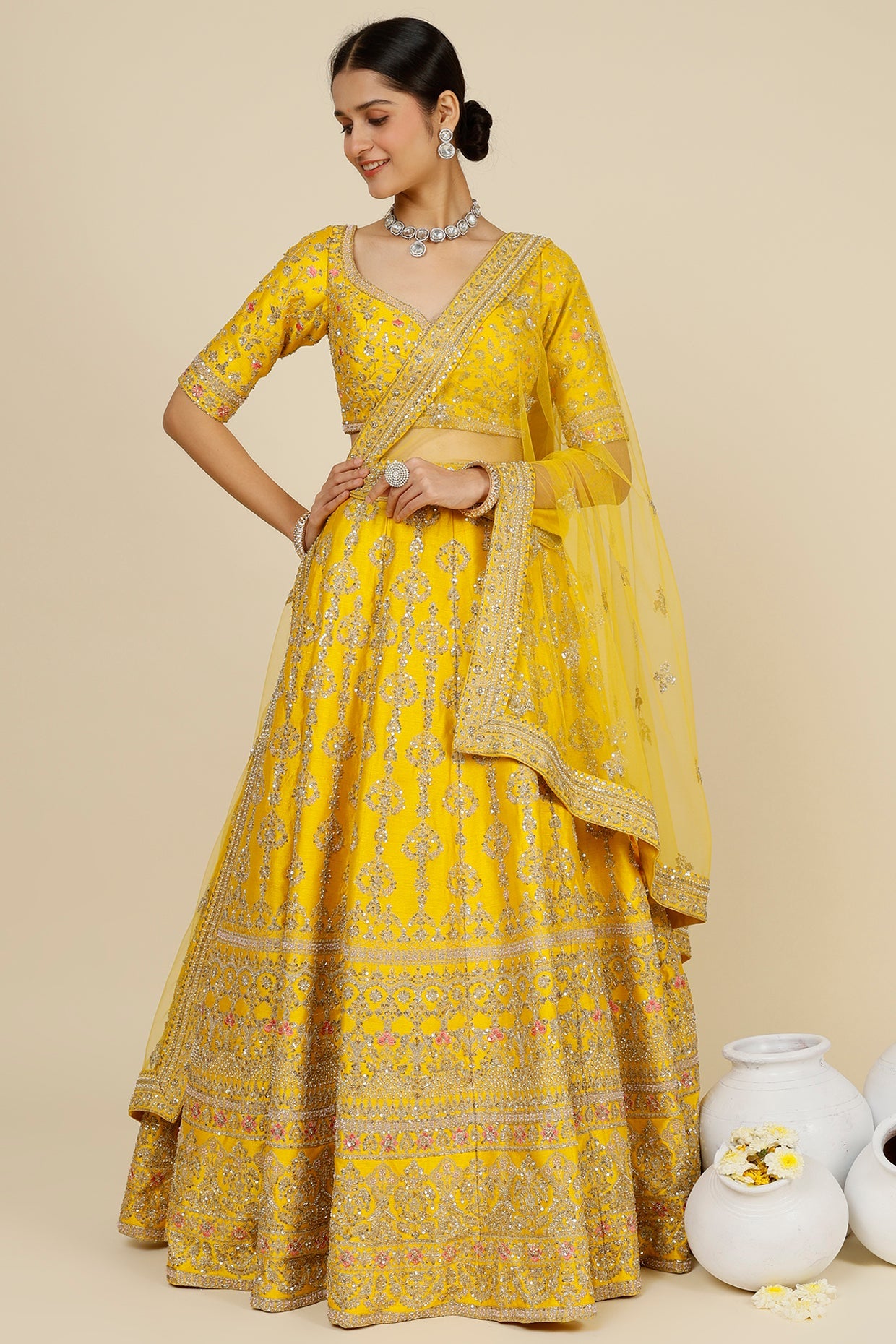 Mustard Raw Silk Bhavna Lehenga - yellow lehenga