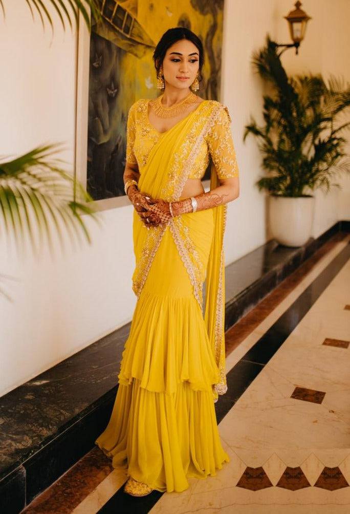 Mustard Ruffled Embroidered Pre-stitched Saree - sari indian clothing