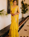 Mustard Ruffled Embroidered Pre-stitched Saree - sari indian clothing