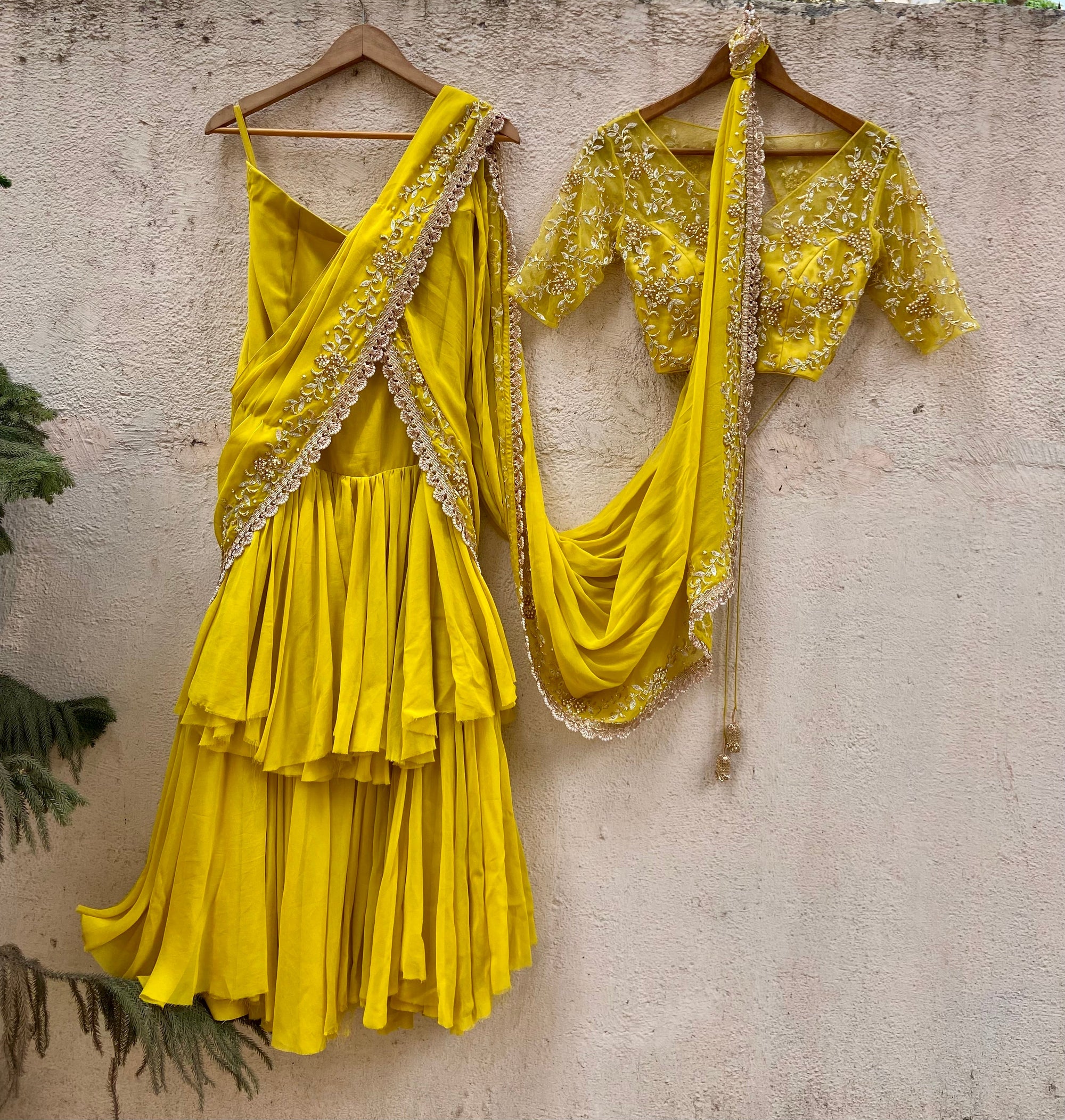 Mustard Ruffled Embroidered Pre-stitched Saree - sari indian clothing
