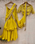 Mustard Ruffled Embroidered Pre-stitched Saree - sari indian clothing