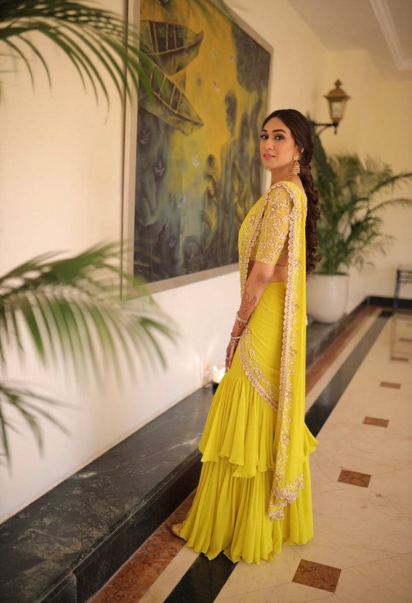 Mustard Ruffled Embroidered Pre-stitched Saree - sari indian clothing