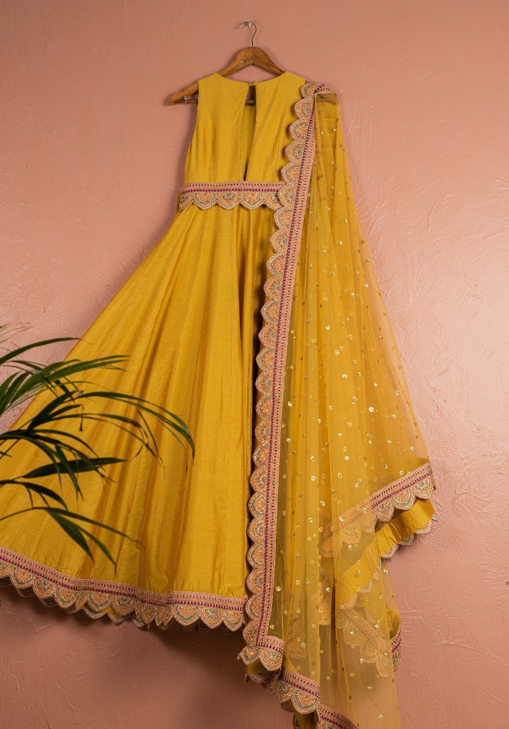 Mustard Yellow Scallop Anarkali Set with Scalloped Dupatta - yellow anarkali