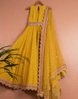 Mustard Yellow Scallop Anarkali Set with Scalloped Dupatta - yellow anarkali