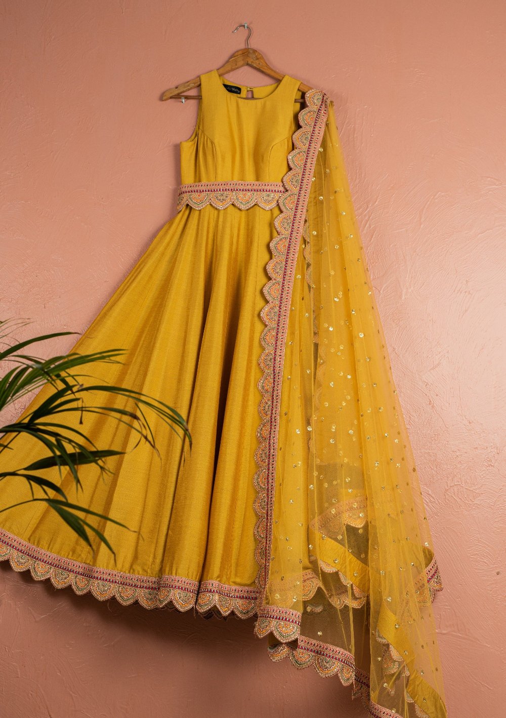 Mustard Yellow Scallop Anarkali Set with Scalloped Dupatta - yellow anarkali