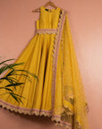 Mustard Yellow Scallop Anarkali Set with Scalloped Dupatta - yellow anarkali