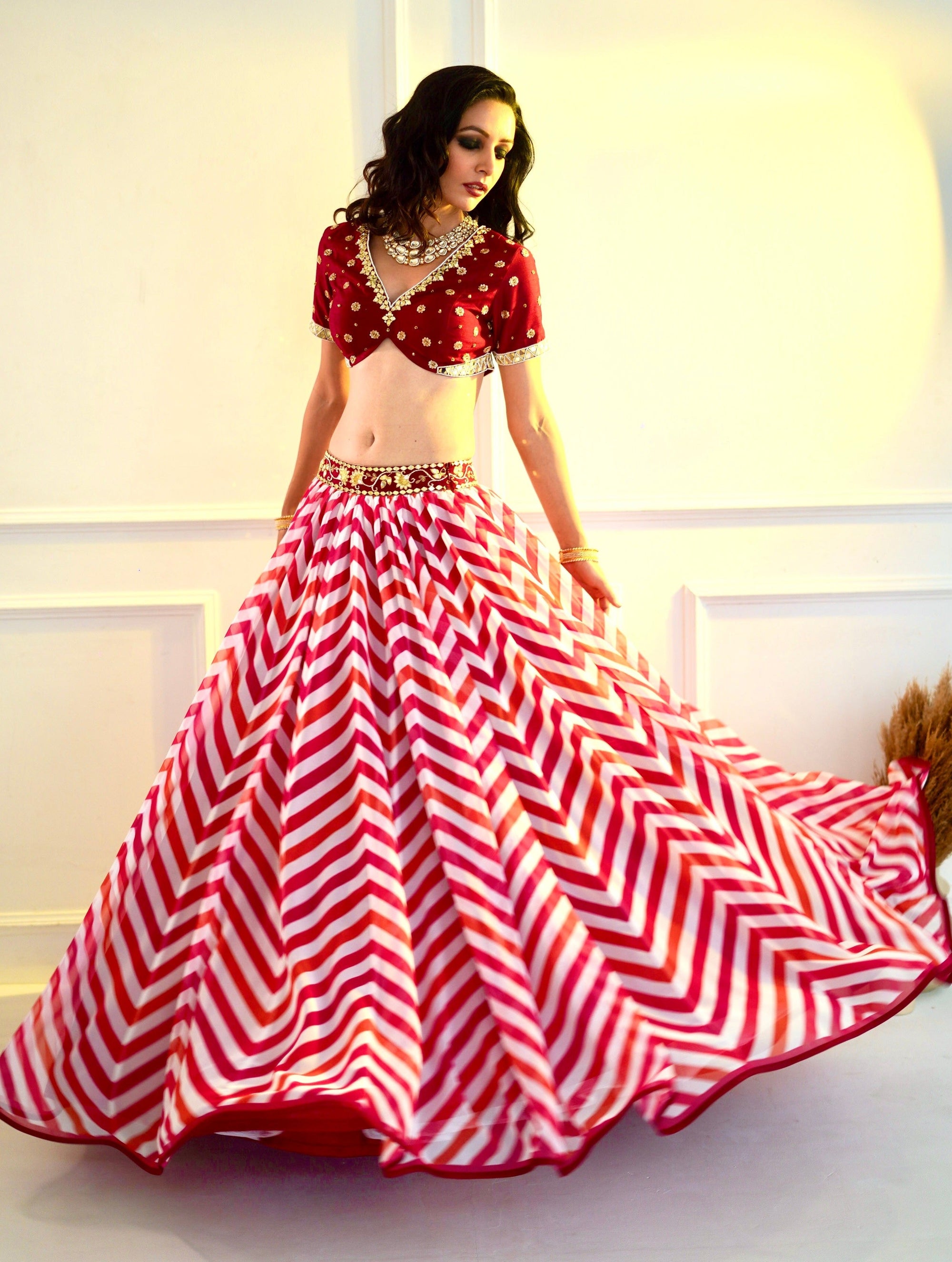 MYRAH Pink Chevron Lehenga - pink and white lehenga