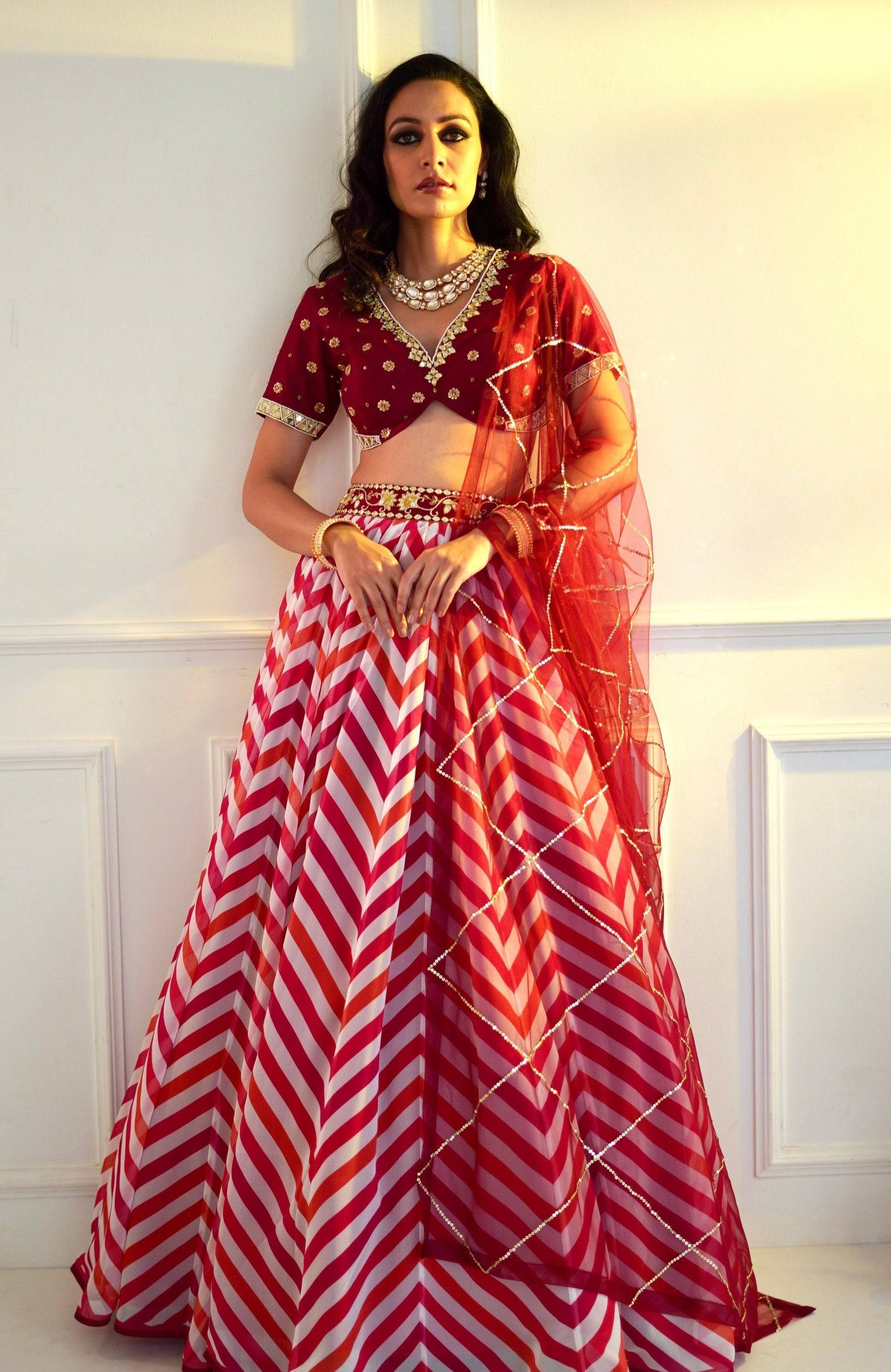 MYRAH Pink Chevron Lehenga - pink and white lehenga