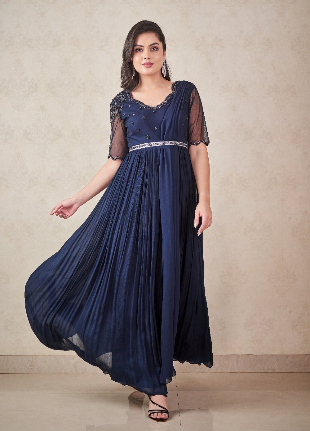 Navy Blue Chiffon Anarkali With Attached Dupatta And Belt - blue anarkali
