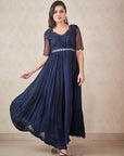 Navy Blue Chiffon Anarkali With Attached Dupatta And Belt - blue anarkali