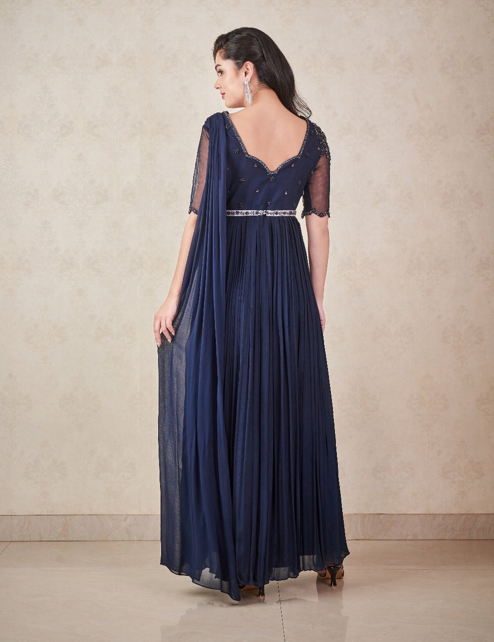 Navy Blue Chiffon Anarkali With Attached Dupatta And Belt - blue anarkali