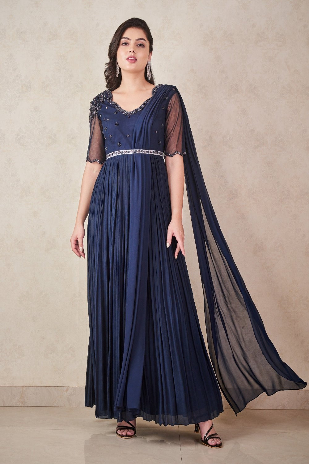 Navy Blue Chiffon Anarkali With Attached Dupatta And Belt - blue anarkali