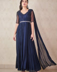 Navy Blue Chiffon Anarkali With Attached Dupatta And Belt - blue anarkali