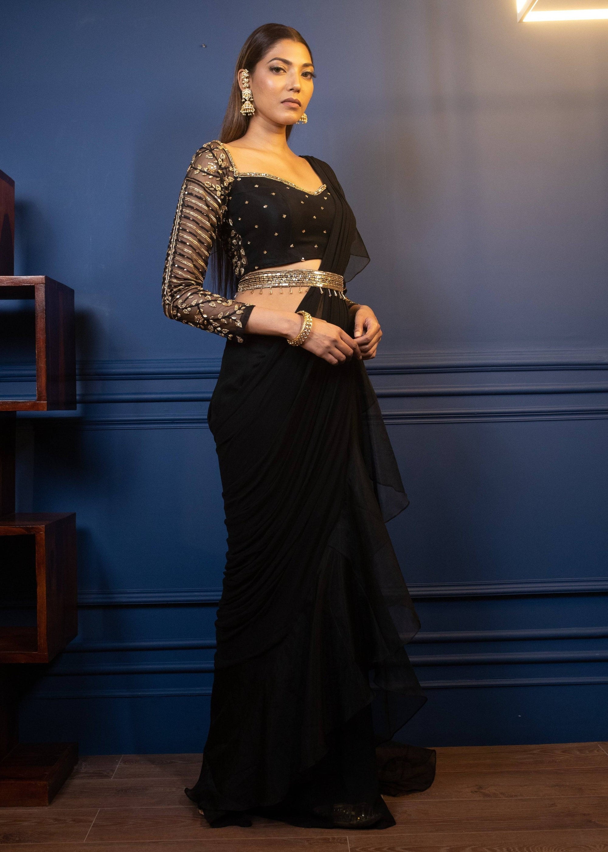 Night Tulip Ruffle Saree - indian saree dress