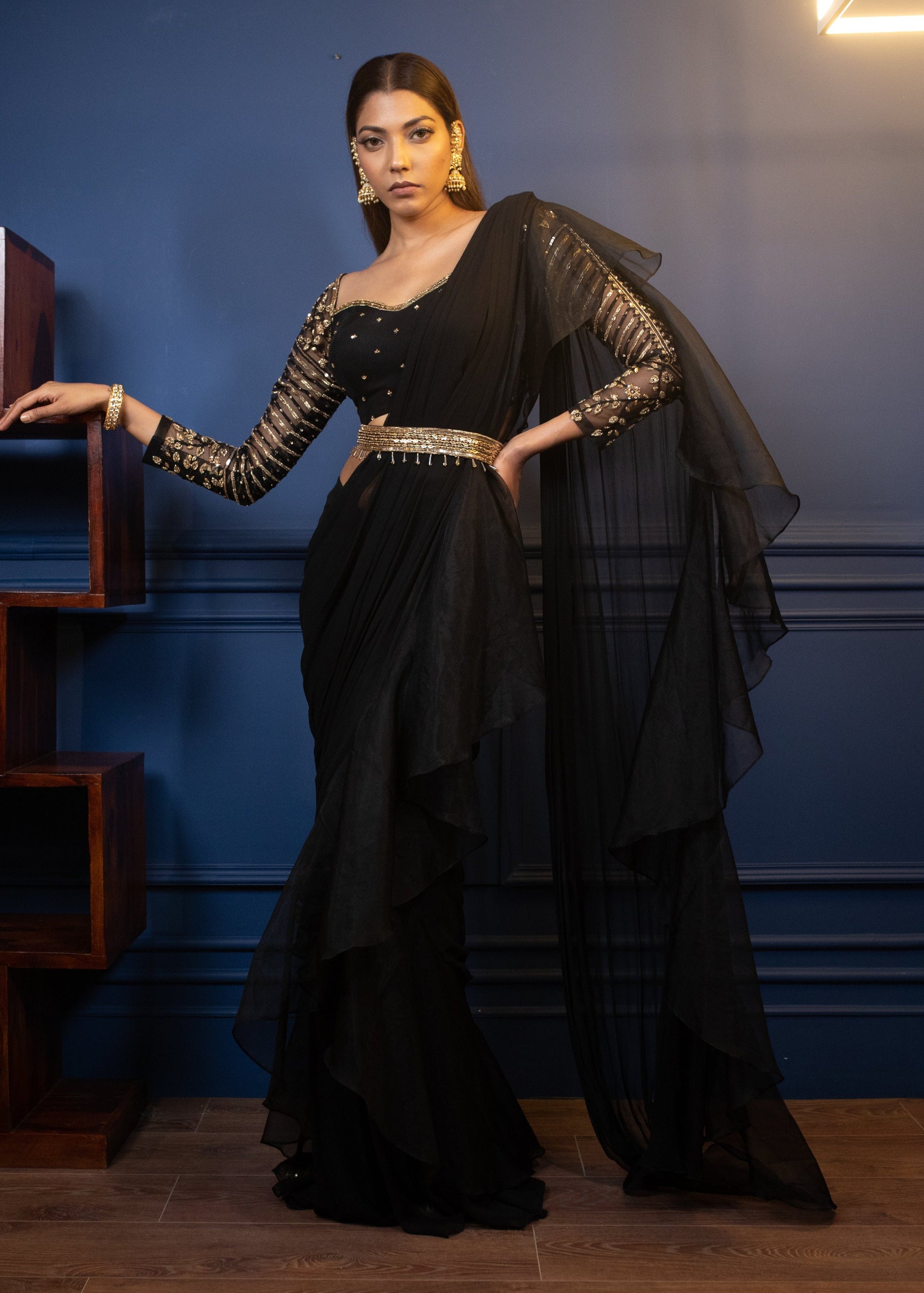 Night Tulip Ruffle Saree - indian saree dress