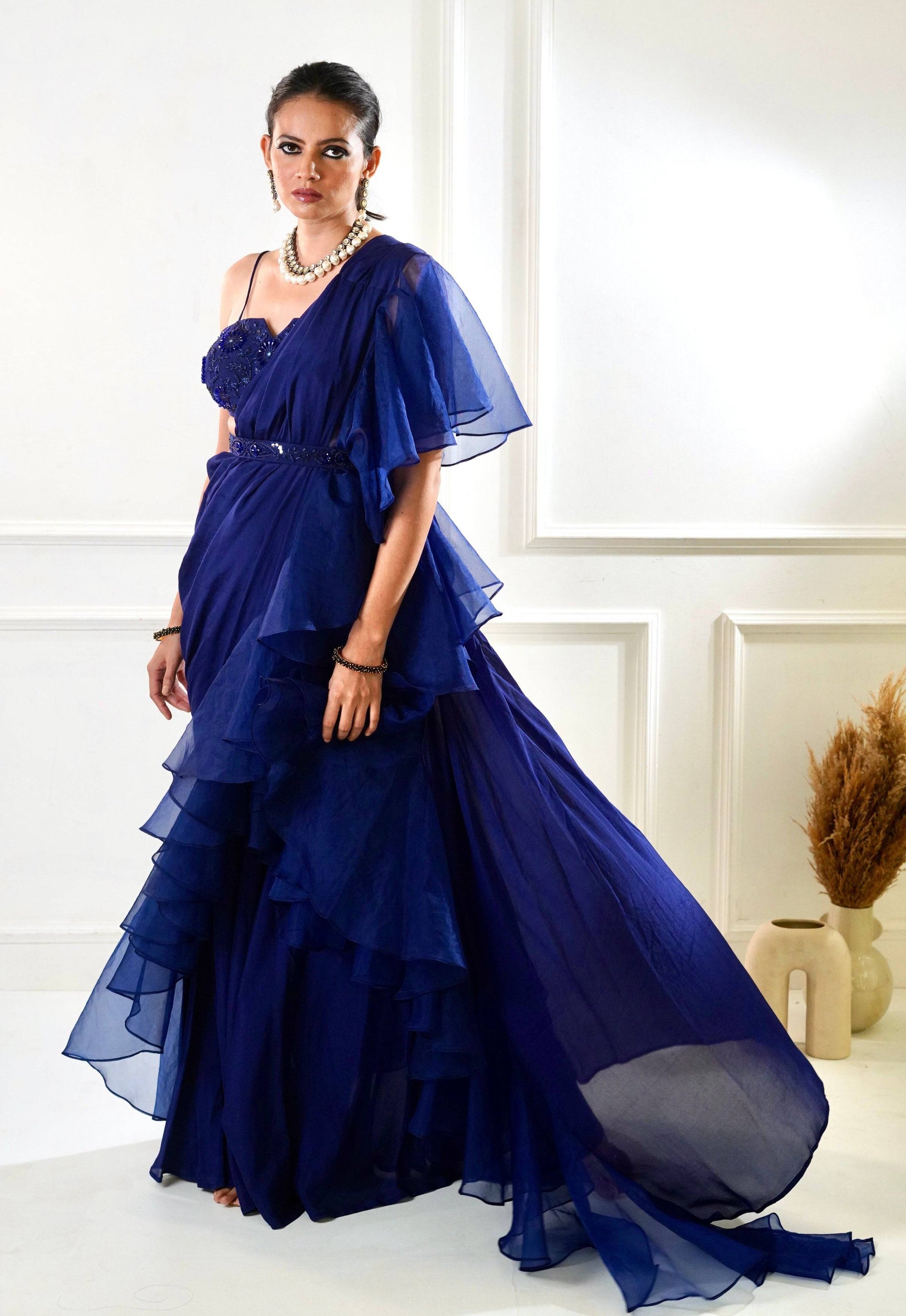 NIKASHA Navy Ruffle Saree - indian sari dress