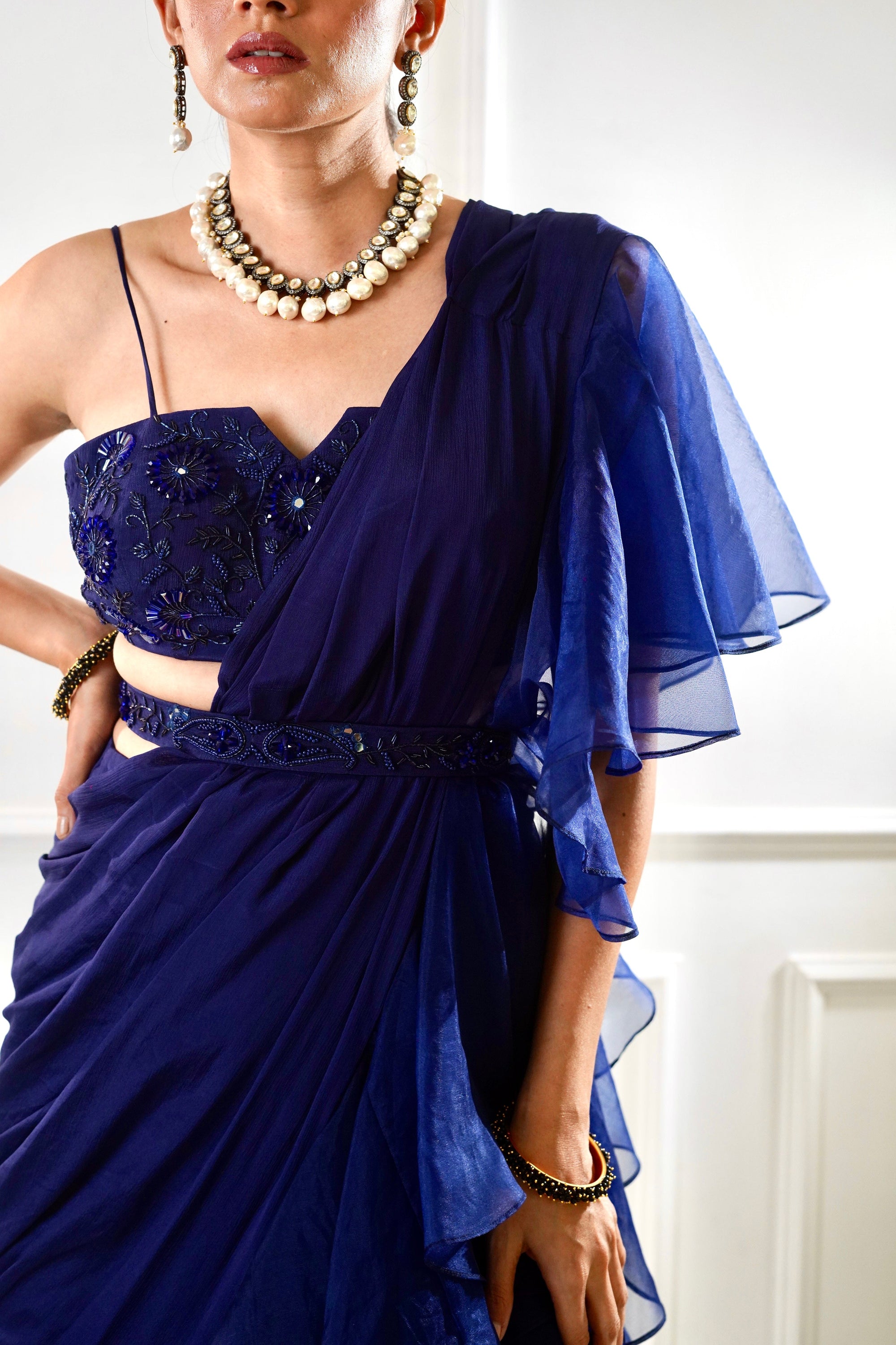 NIKASHA Navy Ruffle Saree - indian sari dress