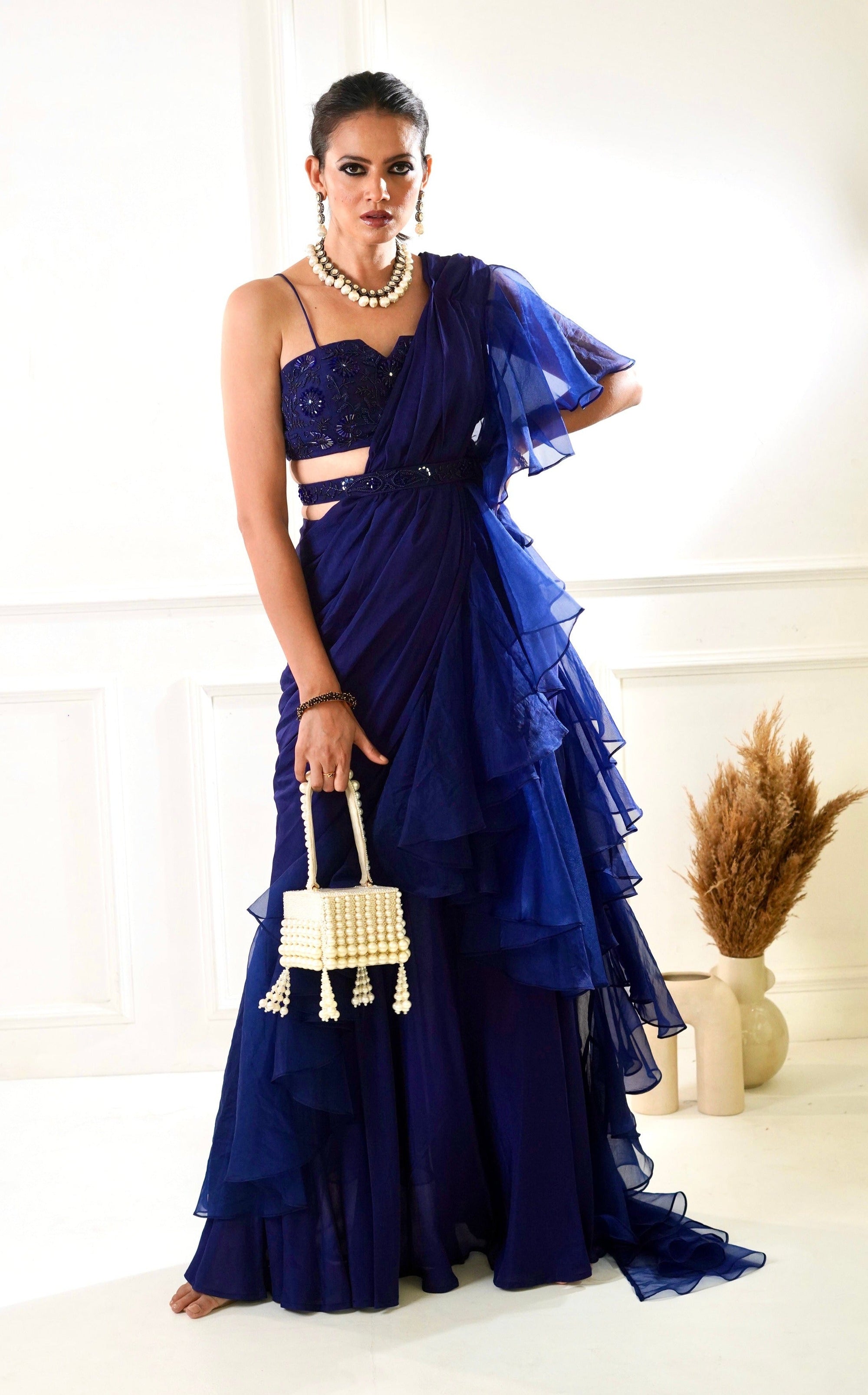 NIKASHA Navy Ruffle Saree - indian sari dress