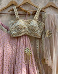 Nude Pink Lehenga Set With Mirror Bustier And Nude Dupatta - designer lehenga