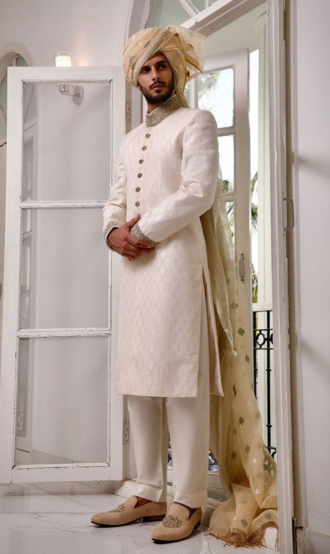 Off-White Embroidered Sherwani - groom sherwani