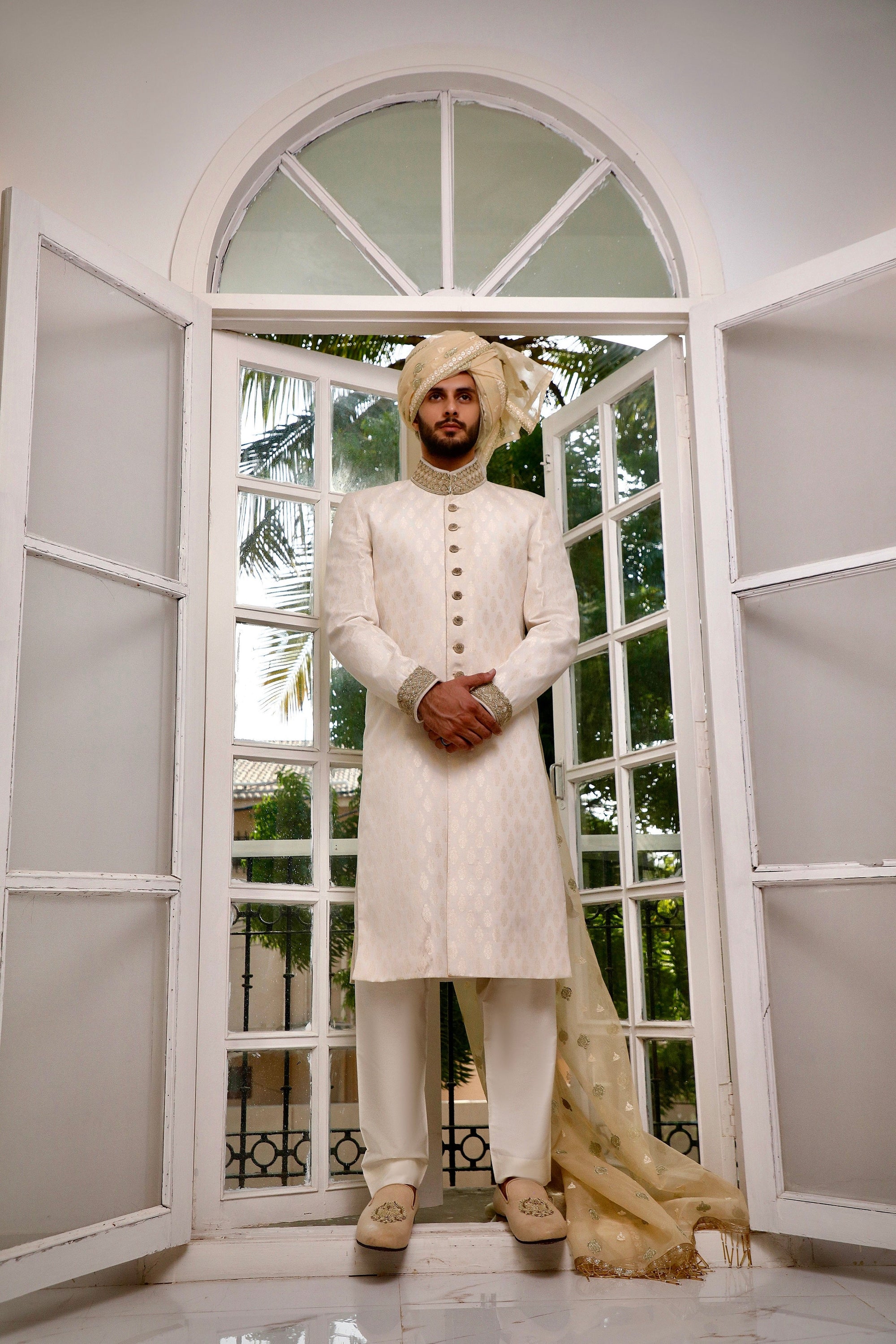 Off-White Embroidered Sherwani - groom sherwani
