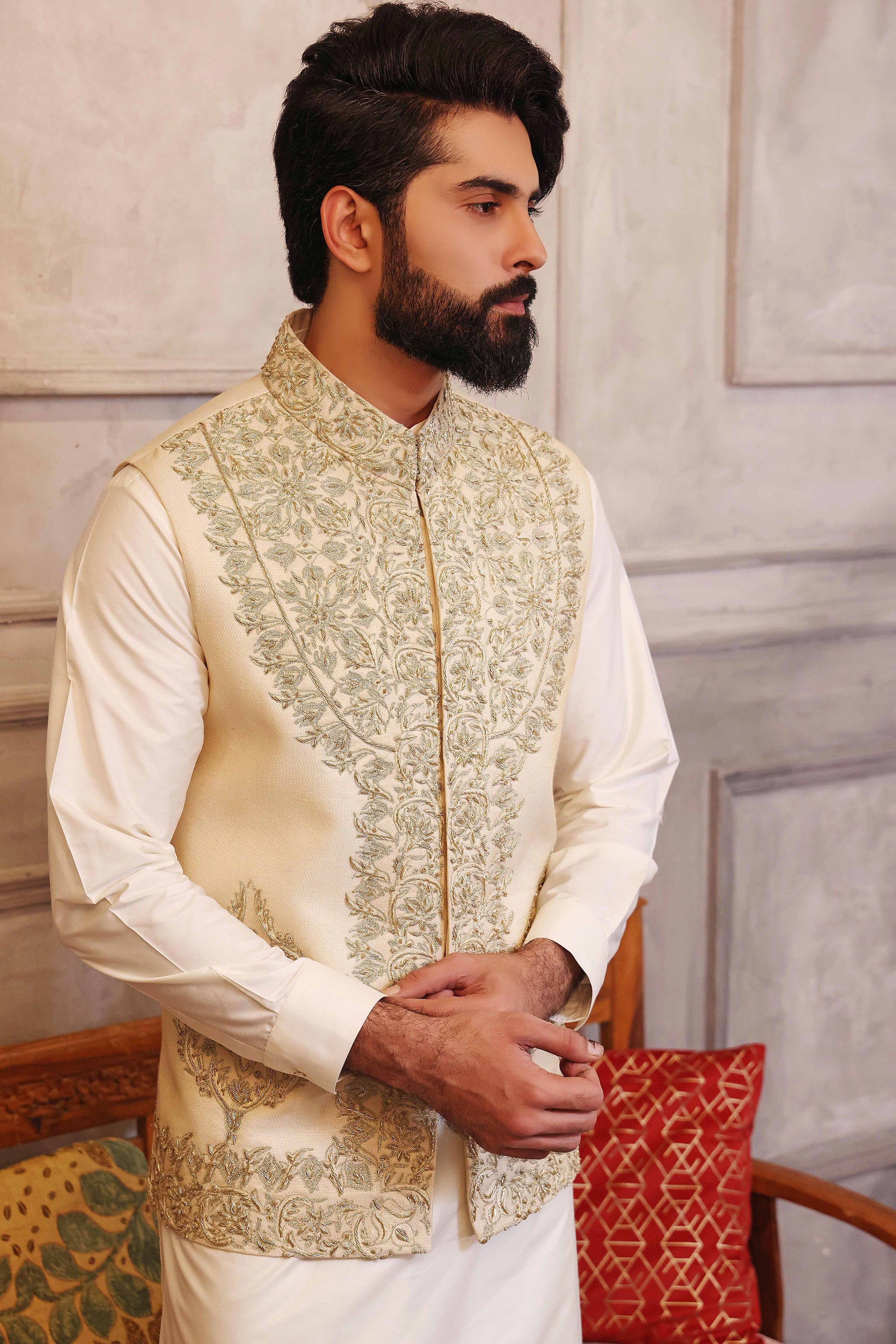 Off-White Hand Embroidered Waistcoat With Matching Raw Silk Suit - waistcoat for men