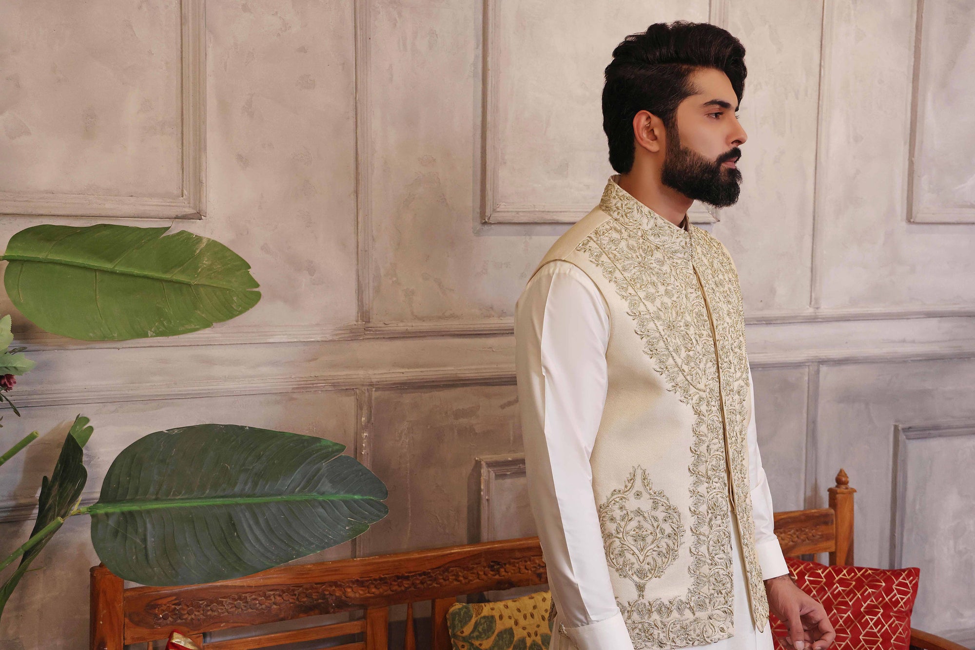 Off-White Hand Embroidered Waistcoat With Matching Raw Silk Suit - waistcoat for men