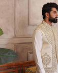 Off-White Hand Embroidered Waistcoat With Matching Raw Silk Suit - waistcoat for men
