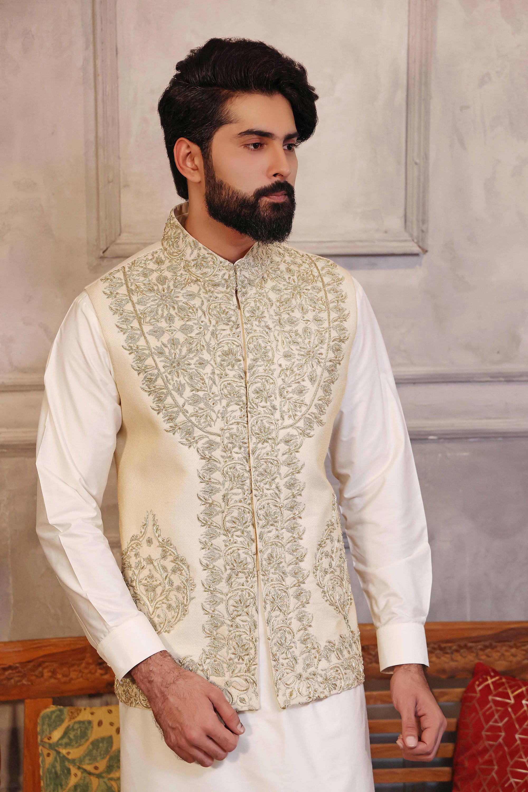 Off-White Hand Embroidered Waistcoat With Matching Raw Silk Suit - waistcoat for men
