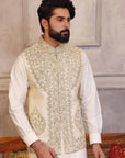 Off-White Hand Embroidered Waistcoat With Matching Raw Silk Suit - waistcoat for men