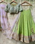 Olive Green and Powder Pink Lehenga Set - olive green lehenga