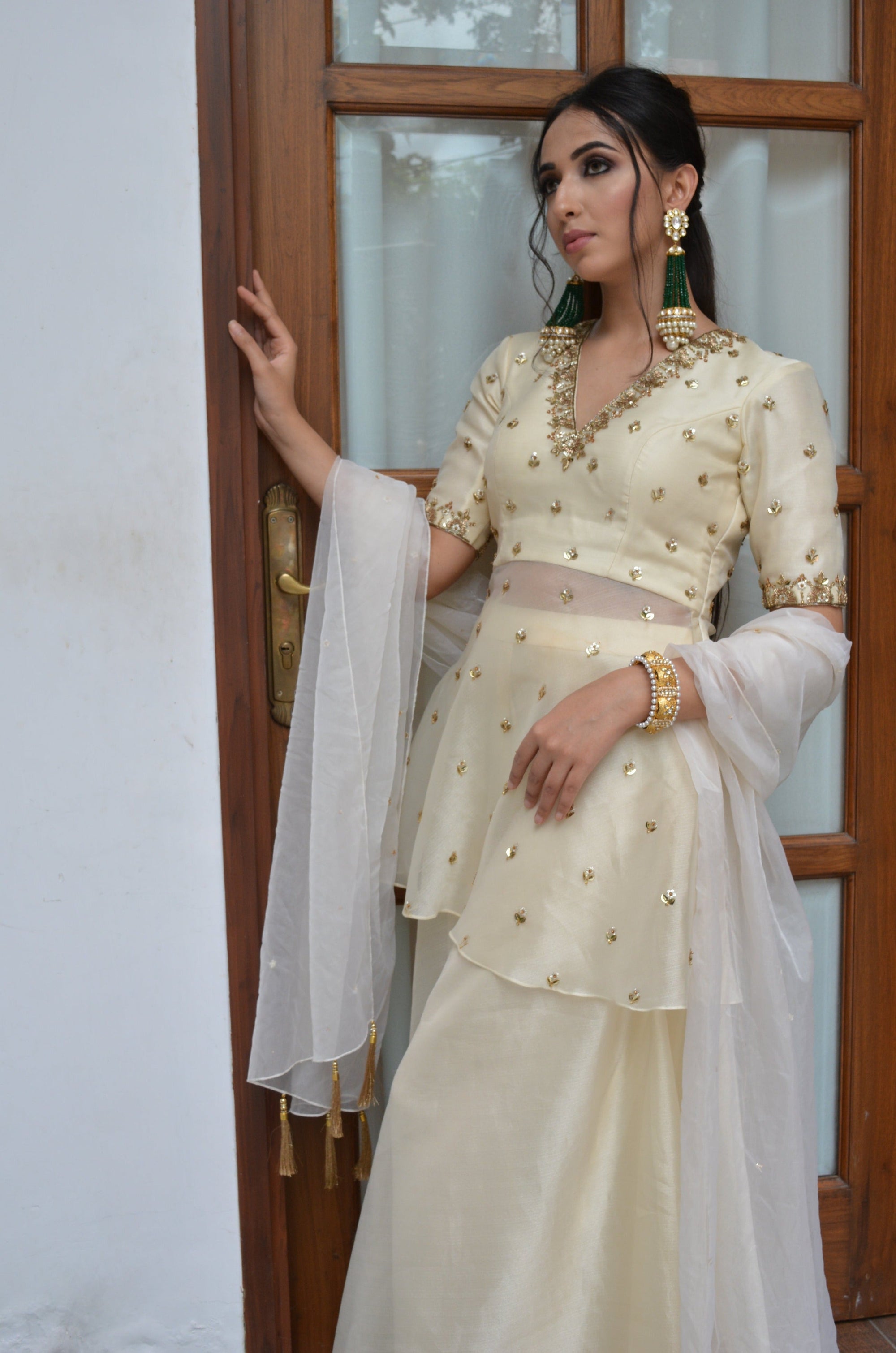 Pale White Sharara Set - wedding wear anarkali dress