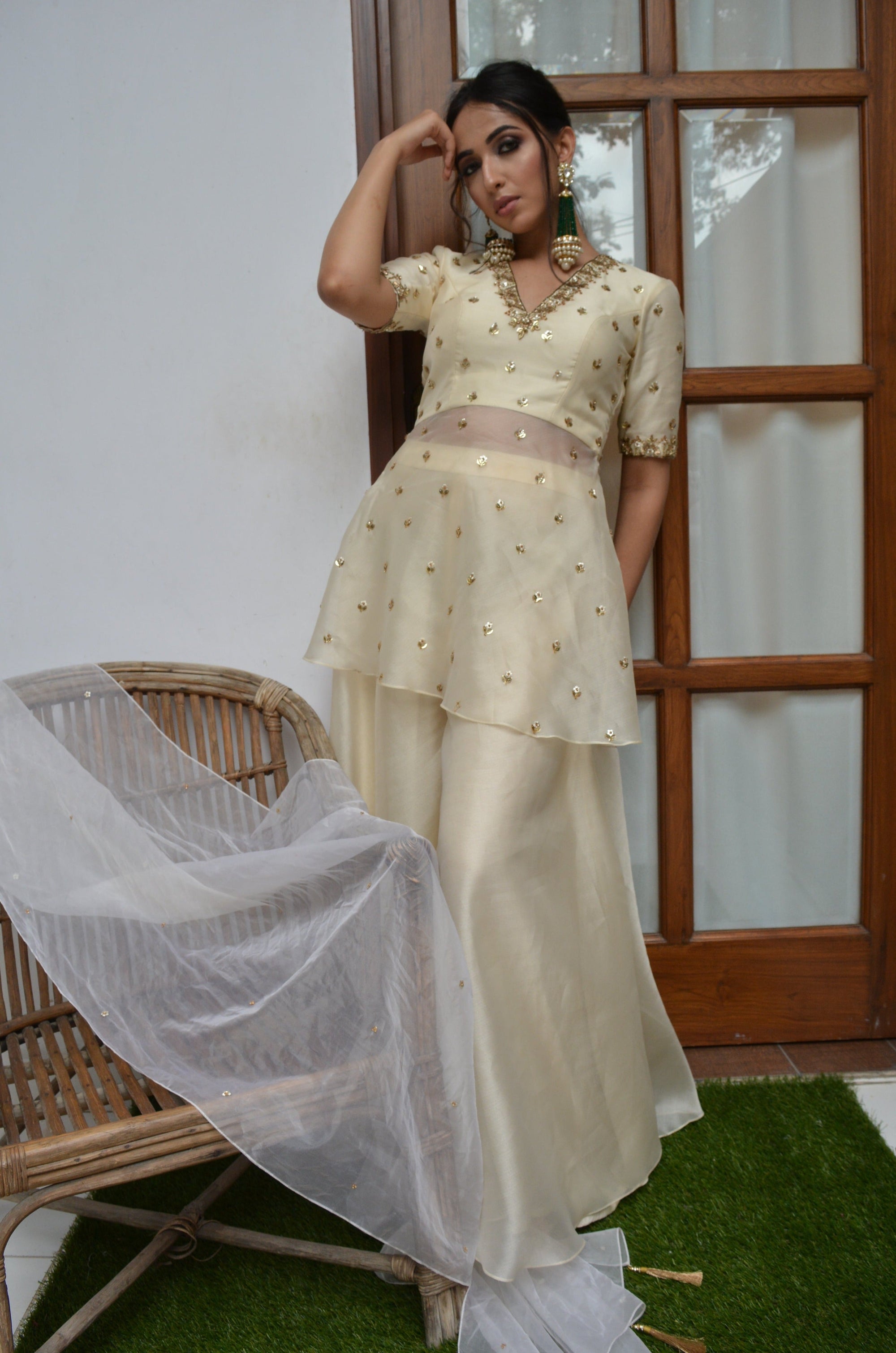 Pale White Sharara Set - wedding wear anarkali dress