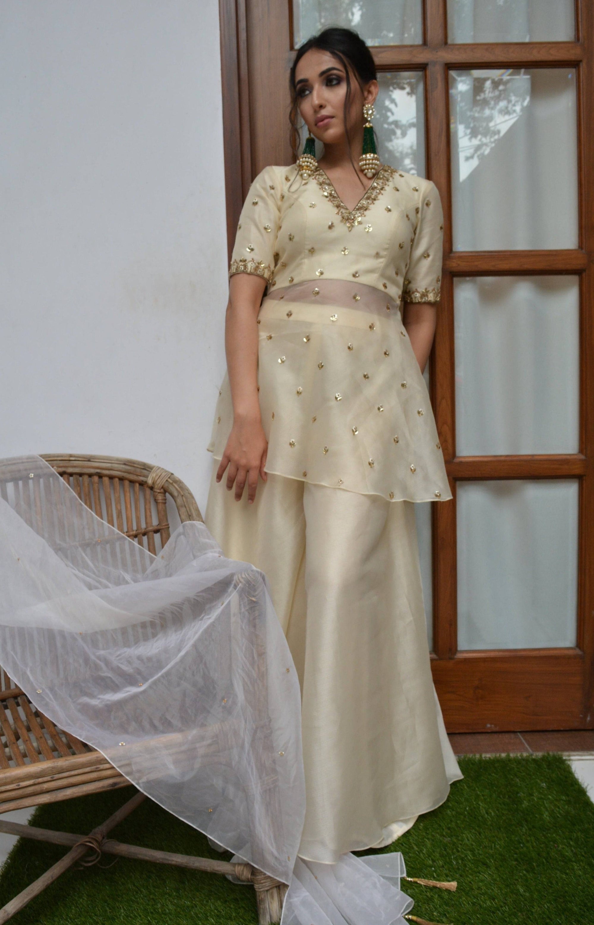 Pale White Sharara Set - wedding wear anarkali dress