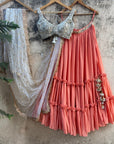 Peach and Ivory Ruffle Lehenga Set - indian wear