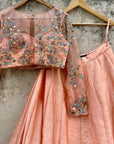 Peach Mirror And Thread Work Lehenga Set - mirror work lehenga