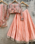 Peach Mirror And Thread Work Lehenga Set - mirror work lehenga