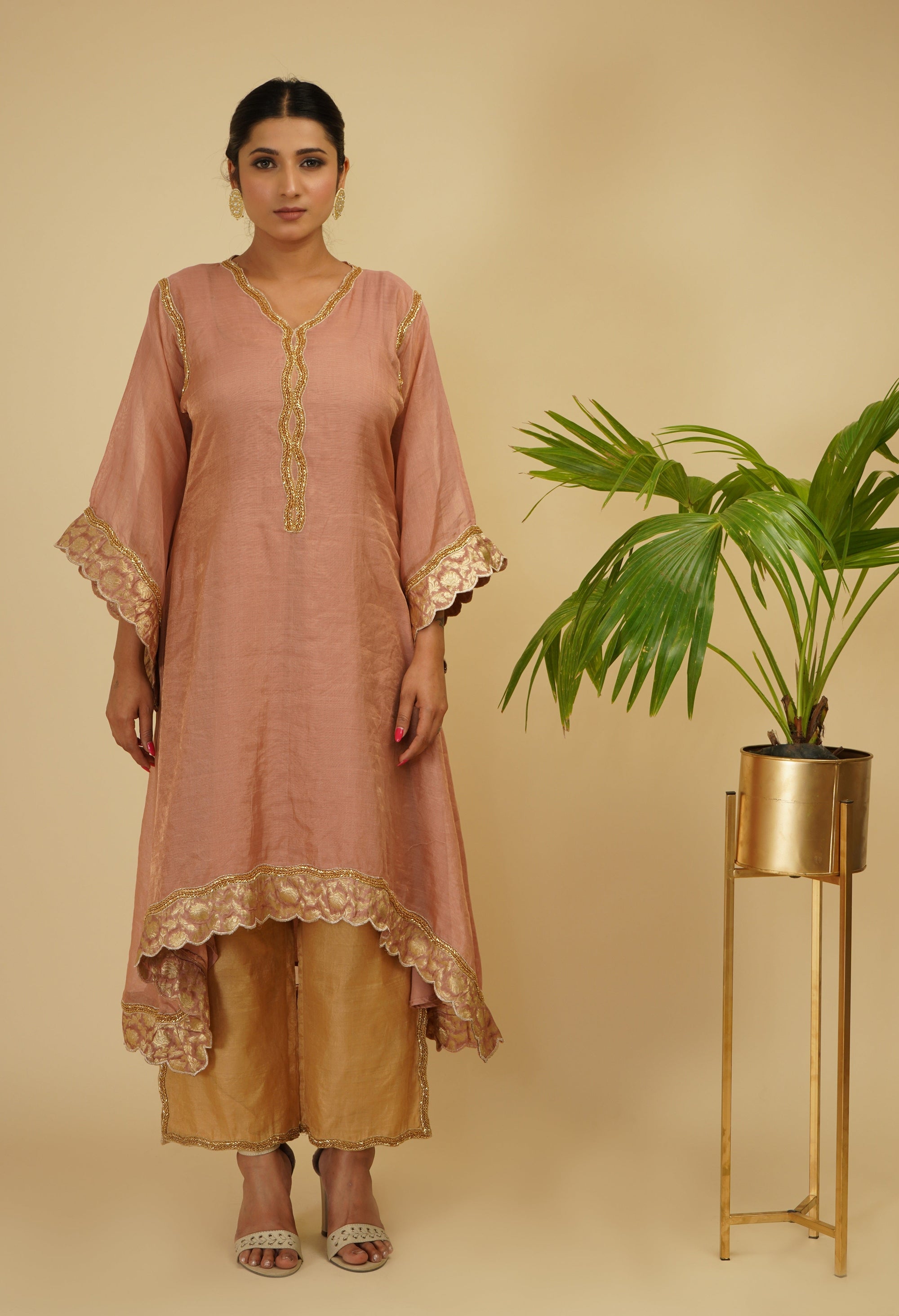 Peachish Pink 3 Piece Kaftaan Kurta Set - indian wear for ladies