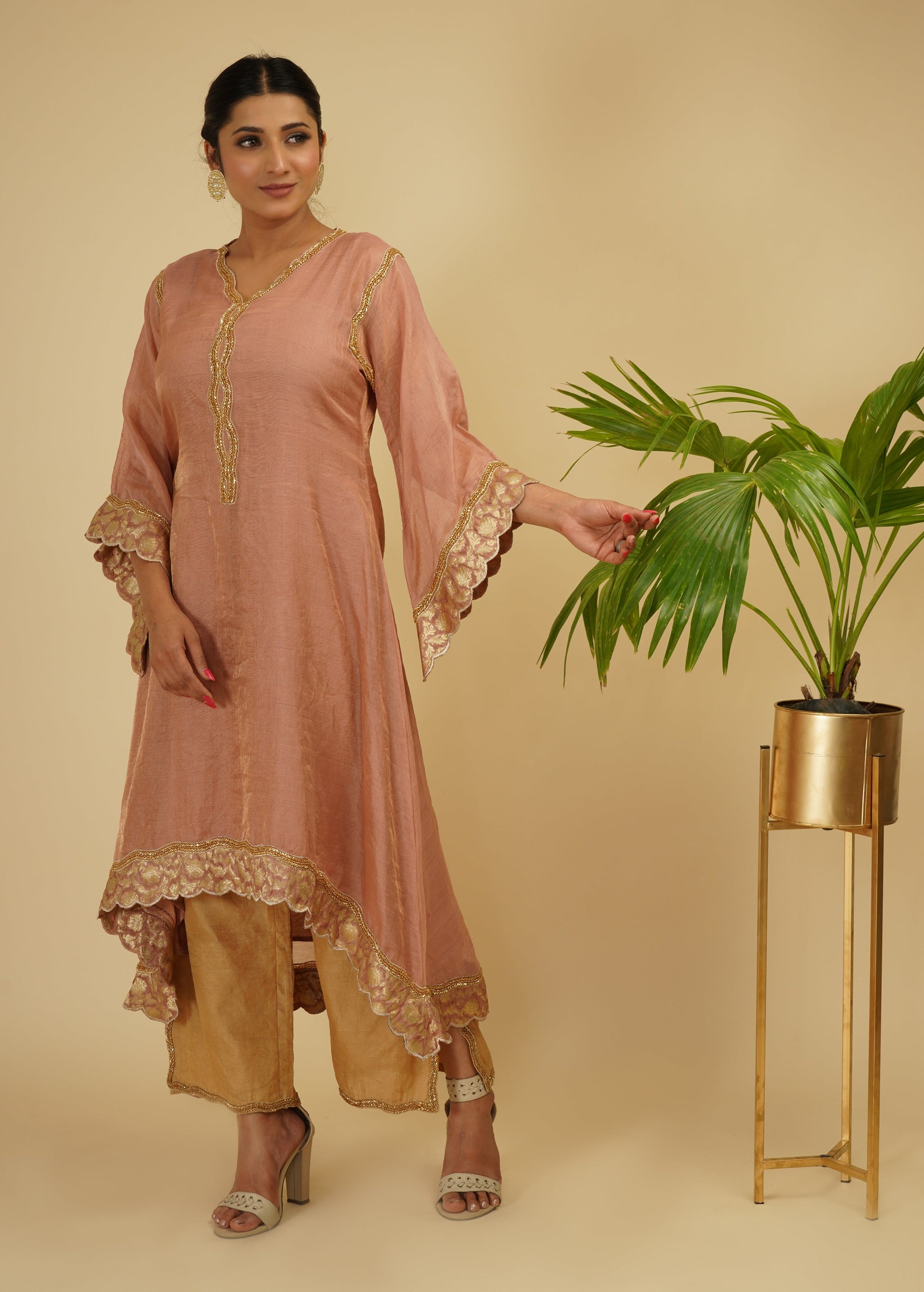Peachish Pink 3 Piece Kaftaan Kurta Set - indian wear for ladies